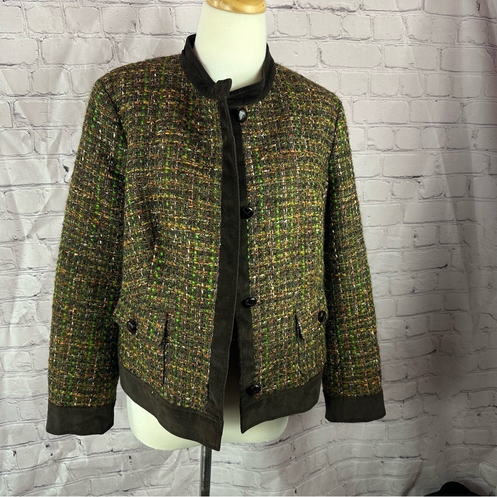 talbots petites Tweed Jacket brown olive orange open front sz 14P business